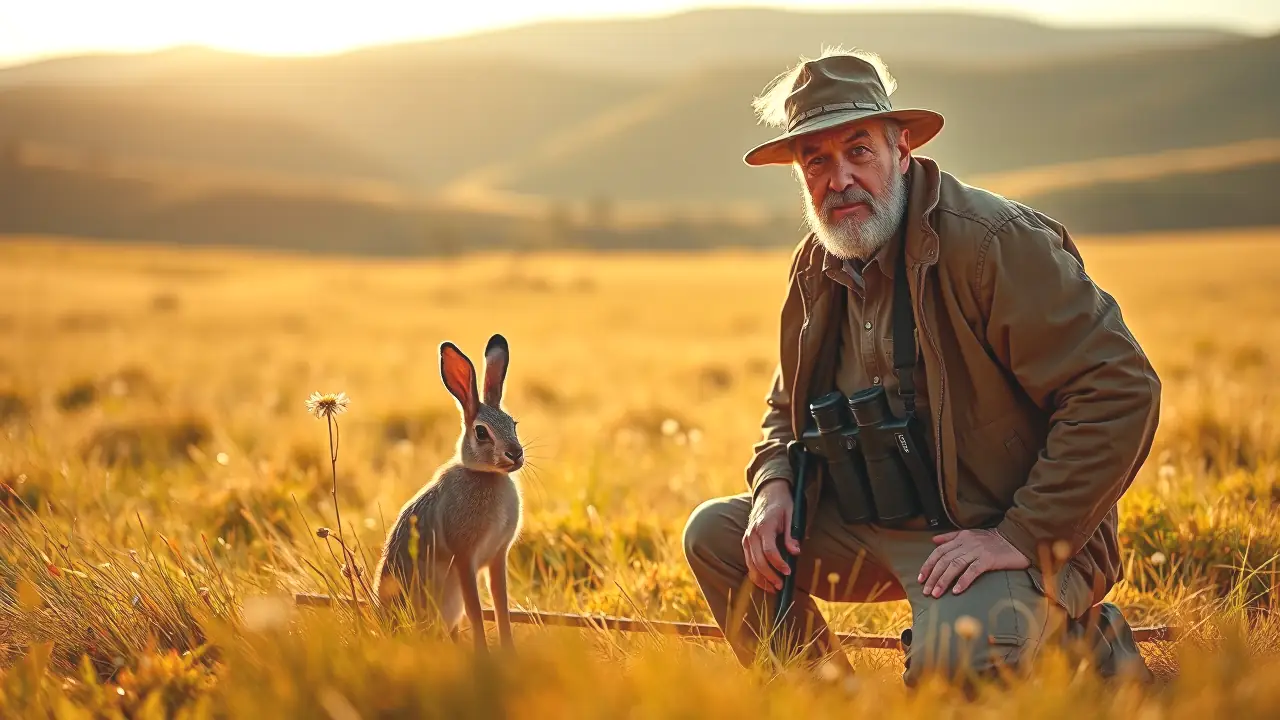 Un cazador español observa cautelosamente al conejo