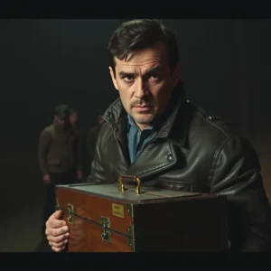 Un hombre serio sostiene un trofeo en la sombra