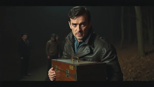 Un hombre serio sostiene un trofeo en la sombra