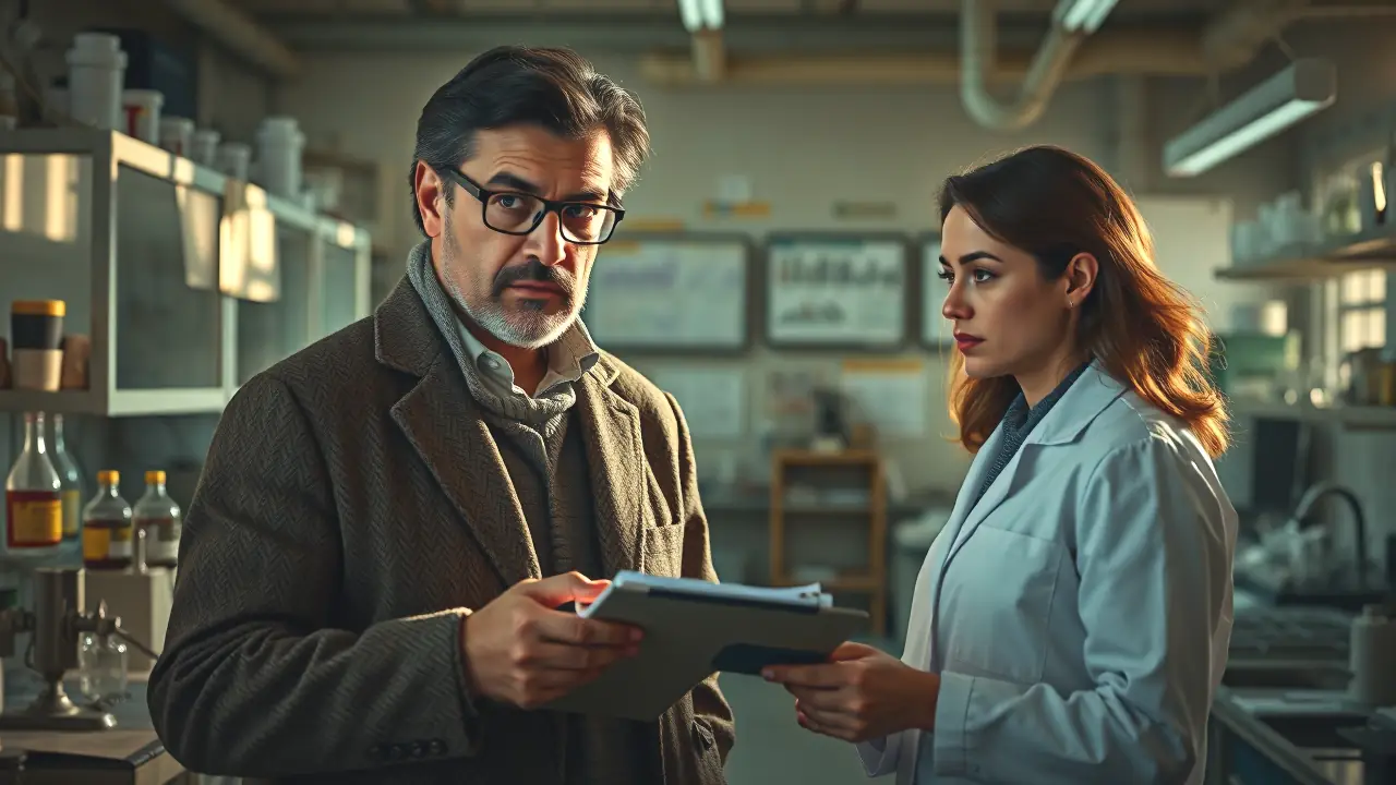 Caza del Zorro en Inglaterra: Realidad Legal y Control Poblacional 2 Un hombre serio examina modelos con una científica