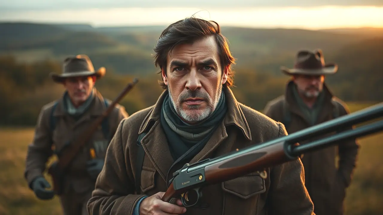 Caza del Zorro en Inglaterra: Realidad Legal y Control Poblacional 3 Un hombre serio porta rifle en paisaje rural