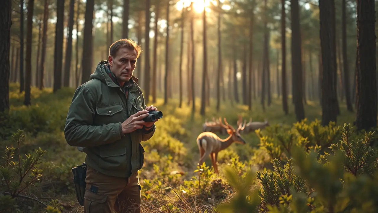 Un guardabosques español observa ciervos en el bosque