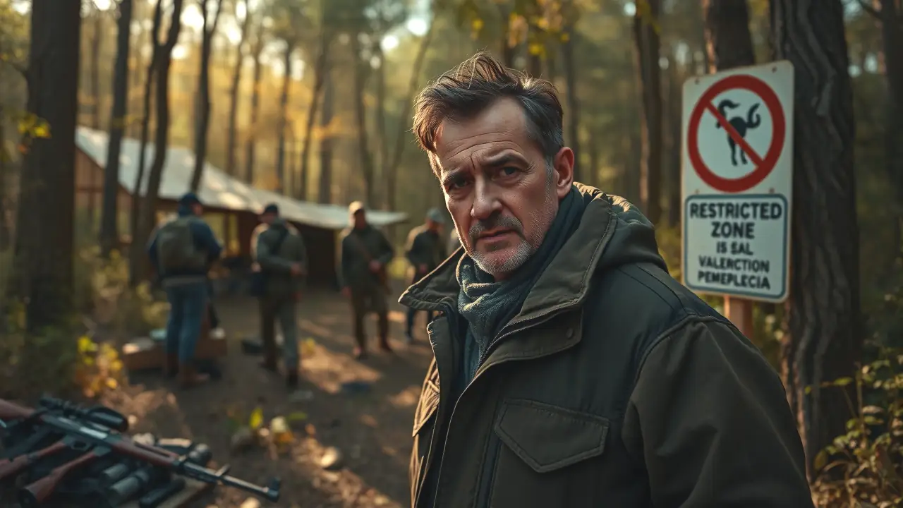 Un cazador serio en el bosque transmite autoridad