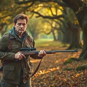 Un cazador español serio rastrea ciervo en bosque
