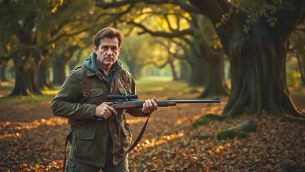 Un cazador español serio rastrea ciervo en bosque