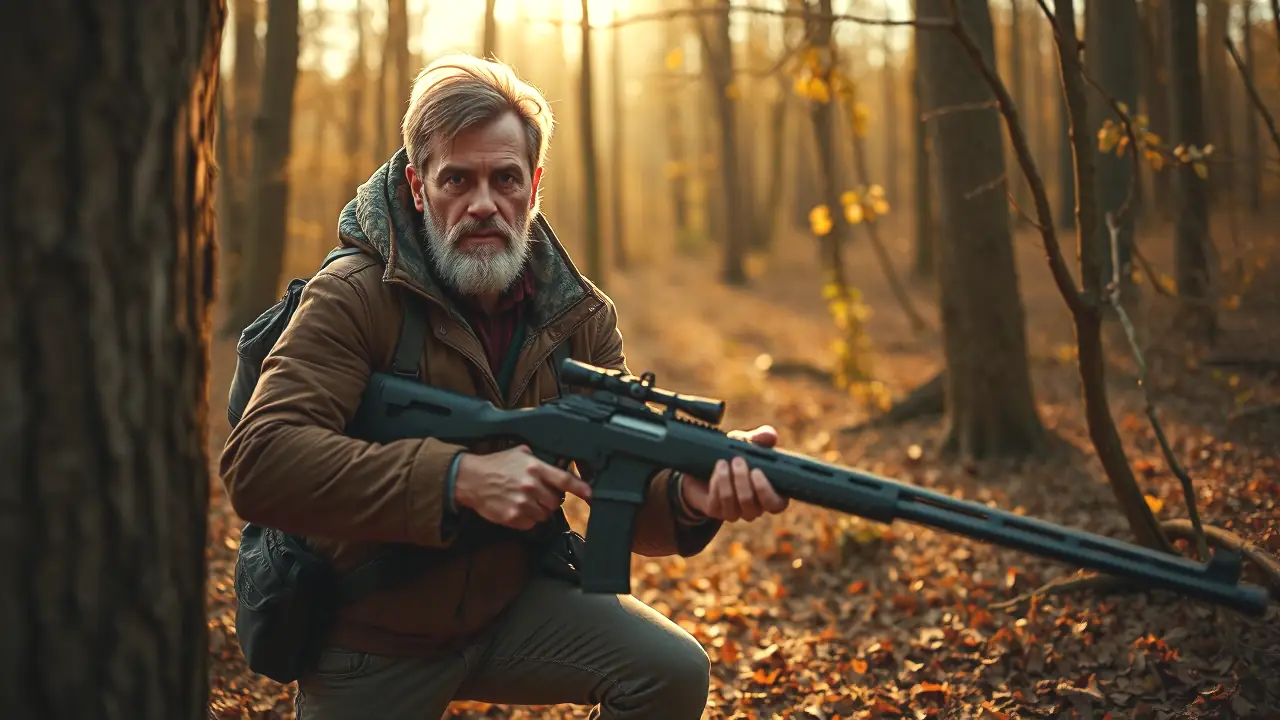 Un cazador observa ciervos en el bosque