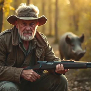 Un cazador español contempla el jabalí al atardecer