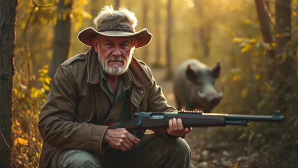 Un cazador español contempla el jabalí al atardecer