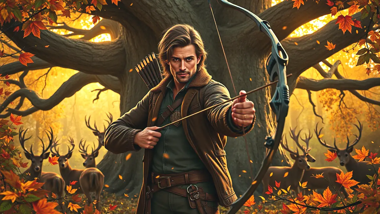 Un hombre español robusto empuña arco en bosque dorado