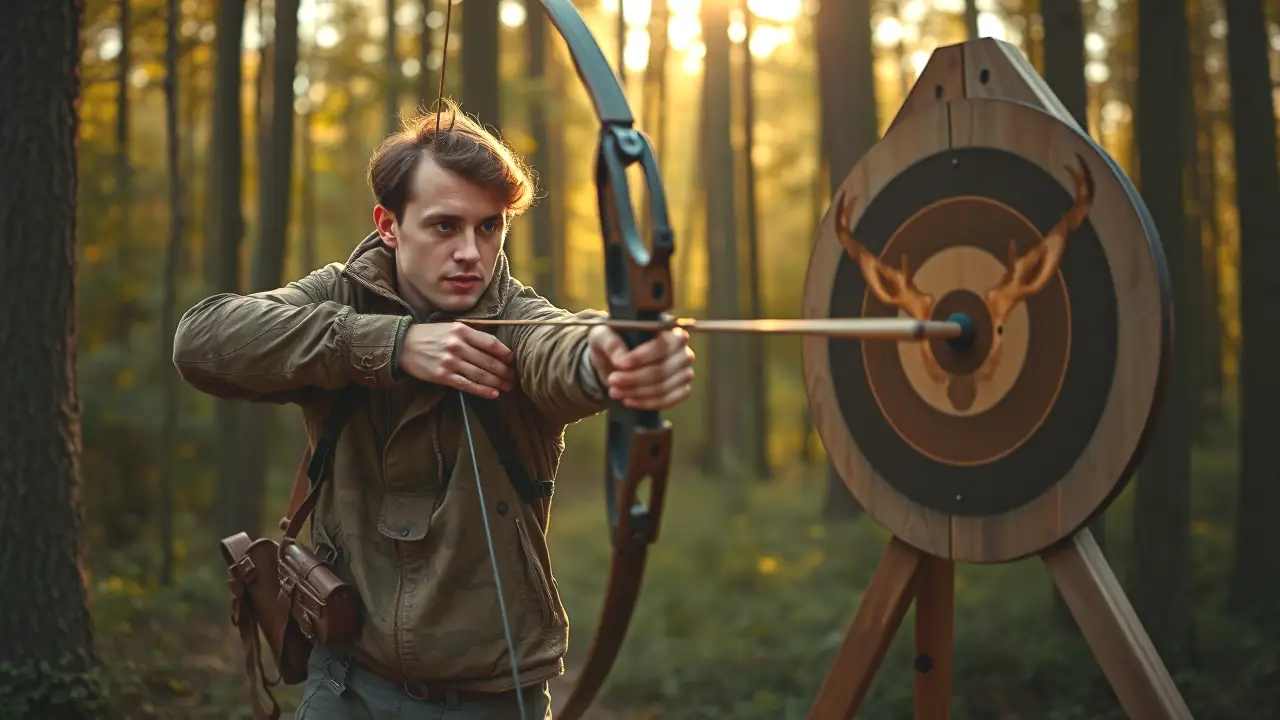 Un hombre cazador apunta con arco en bosque