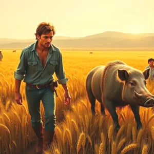 Un hombre persigue jabalíes en la tarde dorada