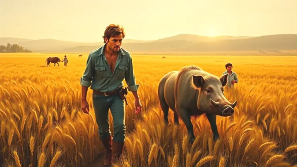 Un hombre persigue jabalíes en la tarde dorada