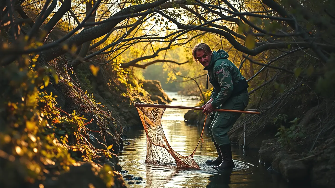 Un hombre robusto ayuda en el río