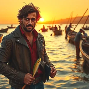 Un pescador español contempla el atardecer dorado