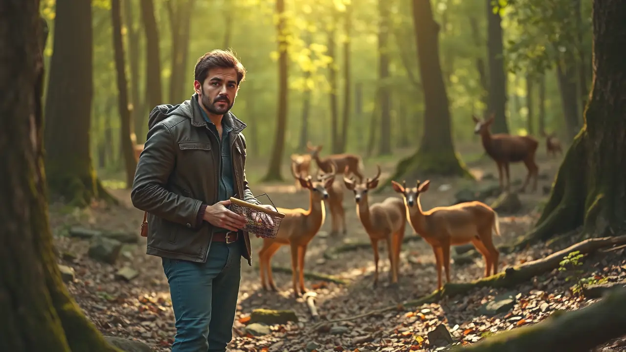 Un fotógrafo observa ciervos en bosque europeo