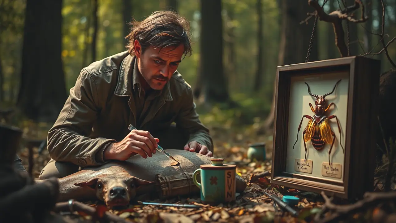 Un fotógrafo examina un ciervo en bosque