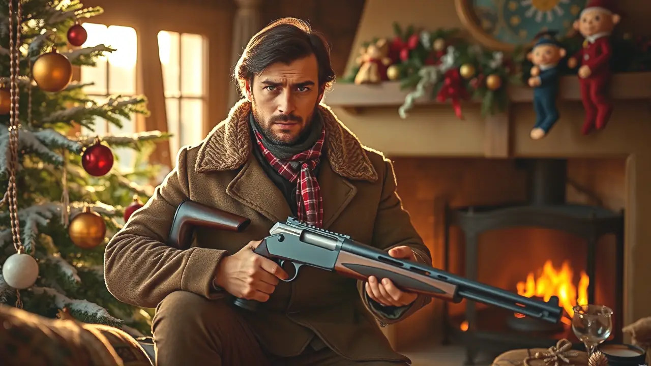 Un hombre robusto caza en nieve festiva