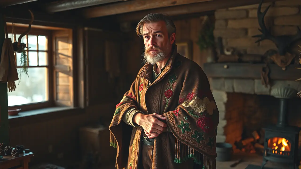 Un hombre robusto contempla la naturaleza en un refugio rústico
