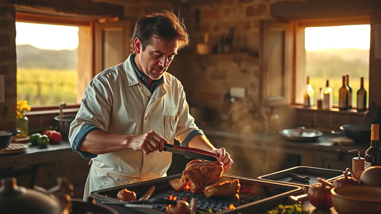 Como Cocinar Corzo: 7 Ideas para Chefs Expertos 3 Un chef español rústico cocina corzo en la campiña