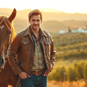Un hombre español sonriente monta su caballo