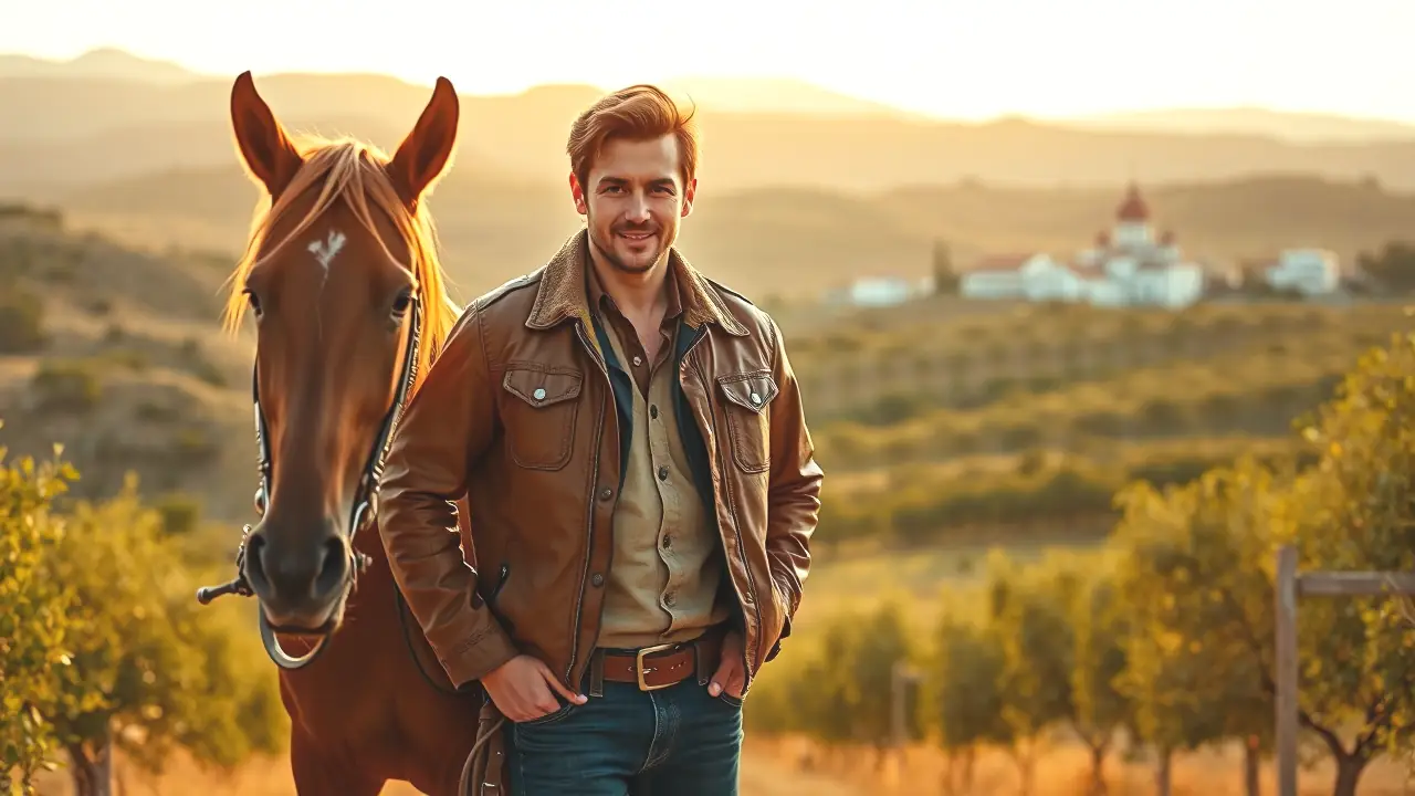 Un hombre español sonriente monta su caballo