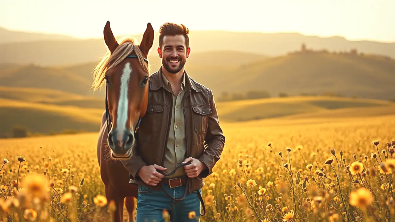Un hombre español tranquilo monta su caballo