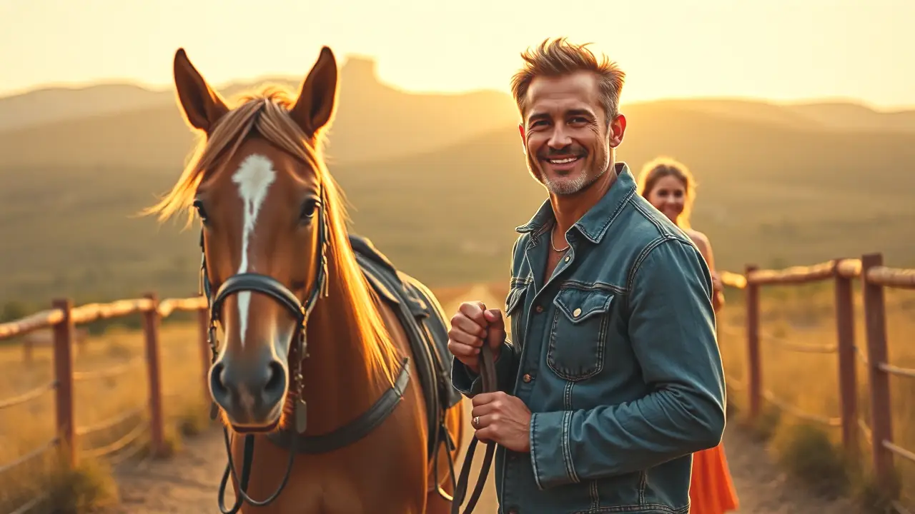 Un hombre español sonriente monta a caballo