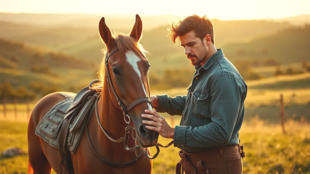 Un hombre español monta su caballo en la luz dorada
