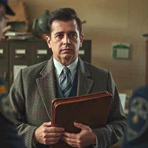 Cómo Renovar Permiso Armas: Guía Completa y Requisitos 13 Un hombre serio ayuda a un oficial en oficina