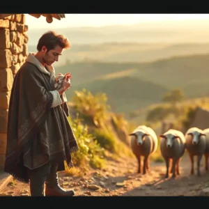 Un hombre pensativo con conejo en pueblo español