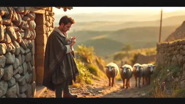 Un hombre pensativo con conejo en pueblo español