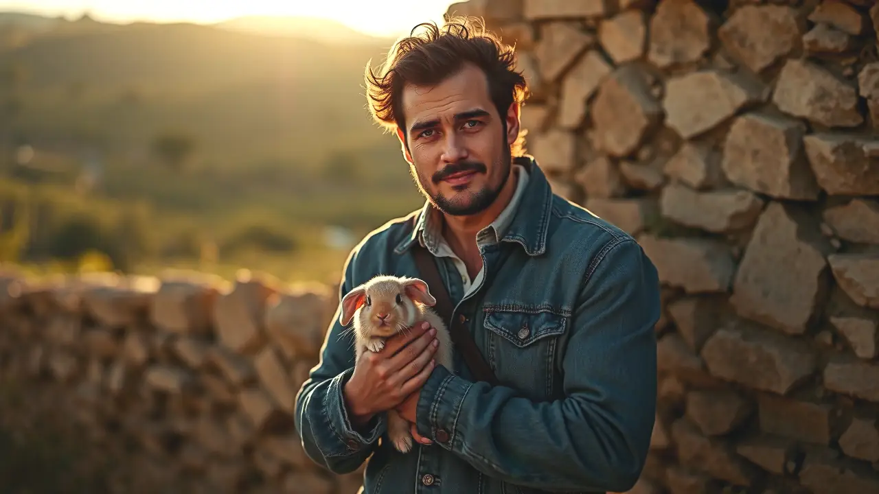 Un hombre español robusto sostiene con calma a un conejo
