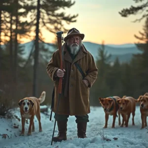 Un cazador español melancólico en bosque nevado