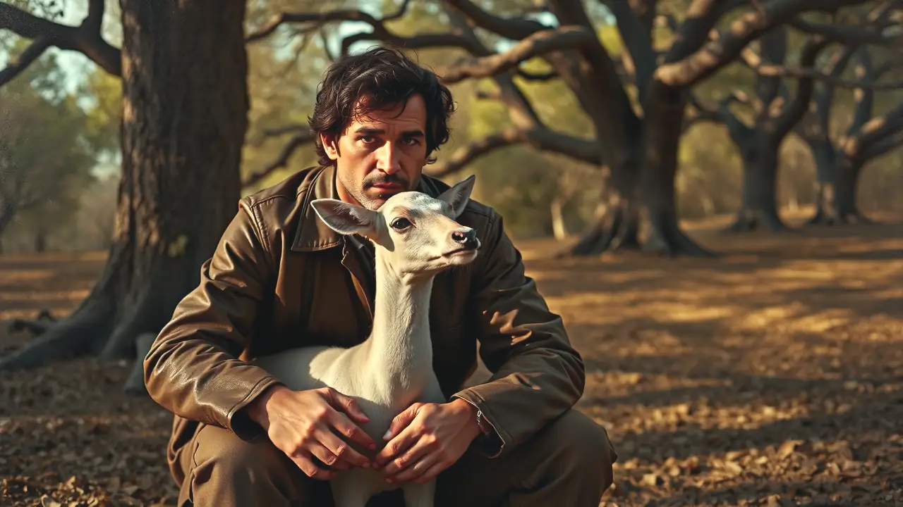 Corzo Albino: ¿Cazar o Proteger este Corzo Blanco? 2 Un hombre pensativo observa un cervatillo albino en bosque