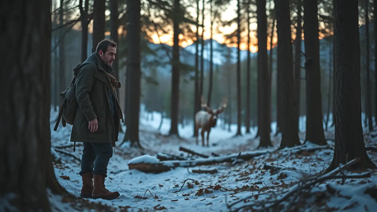 Corzo Albino: ¿Cazar o Proteger este Corzo Blanco? 5 Un hombre contempla el bosque nevado y la elk