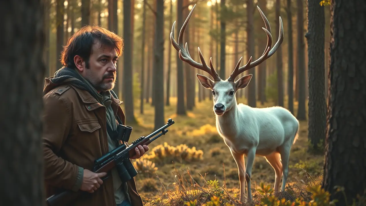 Corzo Albino: ¿Cazar o Proteger este Corzo Blanco? 4 Un hombre observa un ciervo en el bosque