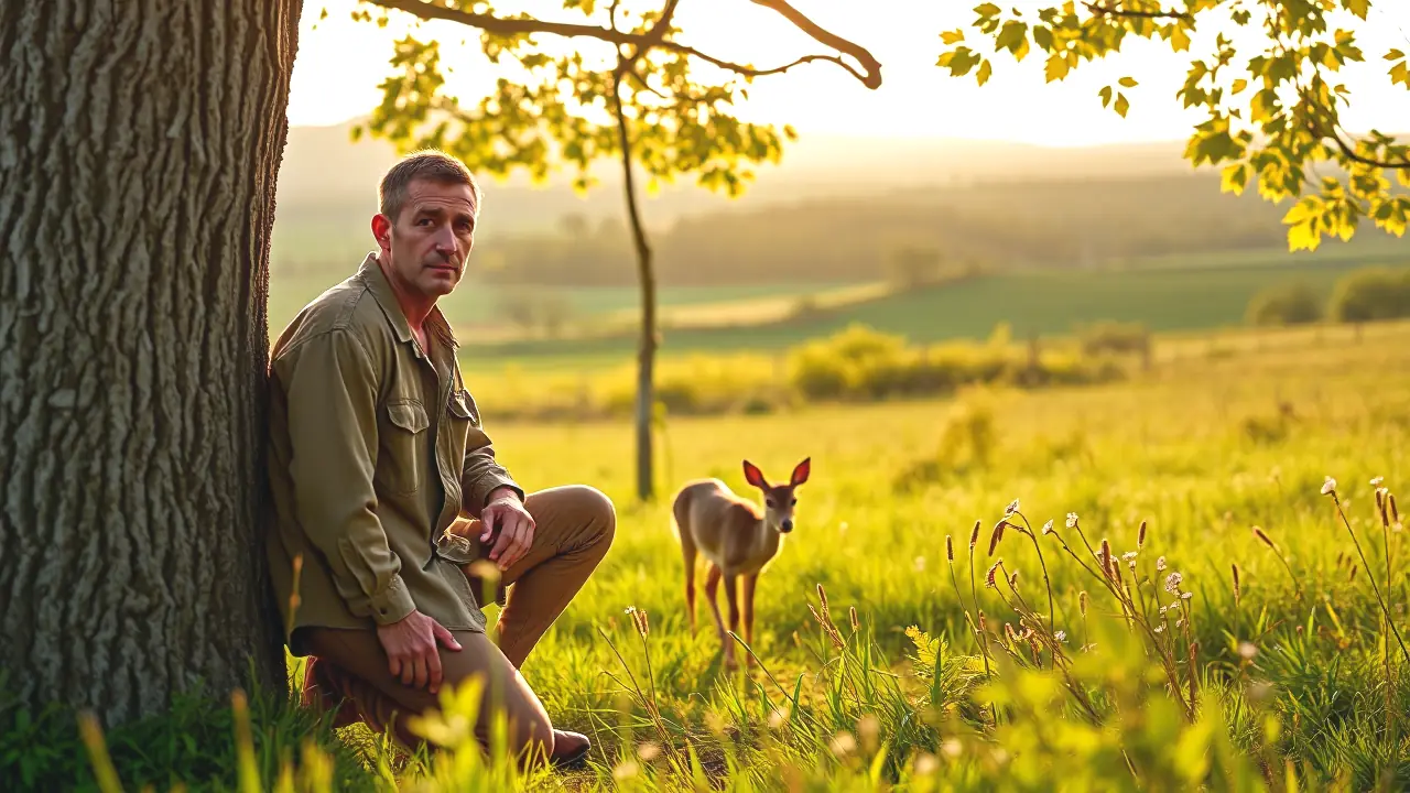 Un hombre contempla ciervos en la naturaleza