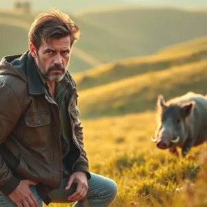 Un hombre observa un jabalí en España