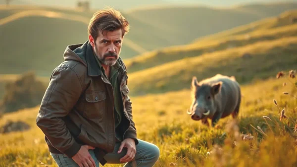 Un hombre observa un jabalí en España