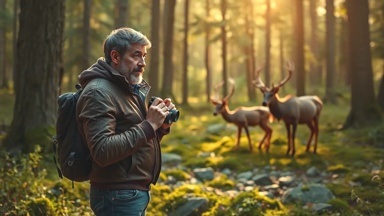 Un fotógrafo observa animales en bosque dorado