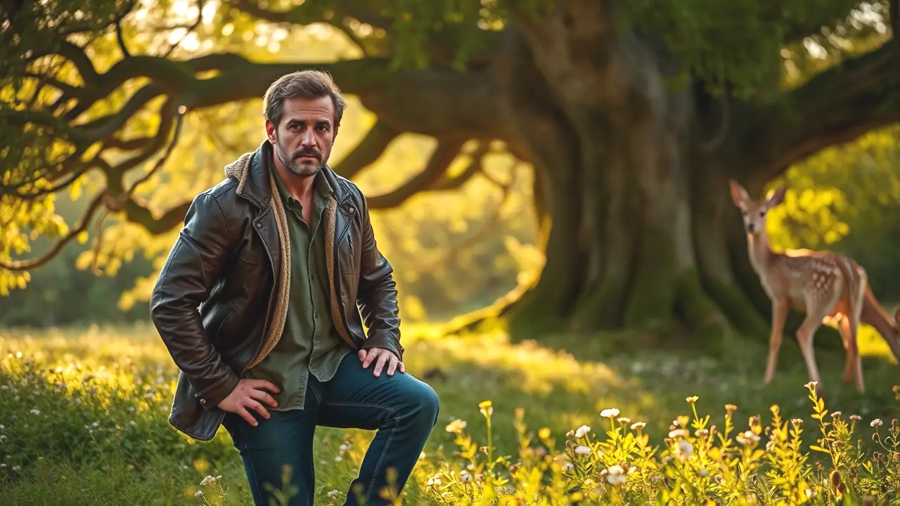 Un hombre pensativo observa una cervatilla en bosque