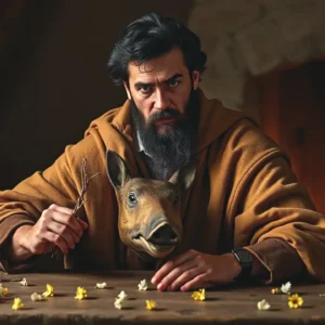 Un hombre melancólico sostiene un corzo dorado