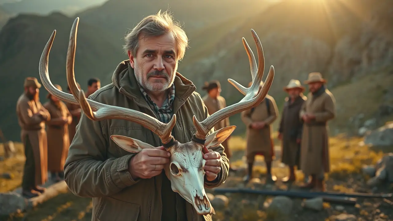 Un cazador observa el cráneo del ciervo en la montaña
