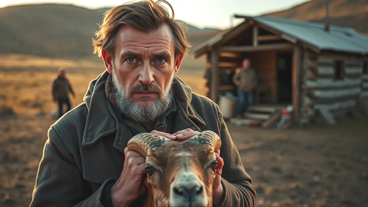 Un fotógrafo serio sostiene un cráneo de cabra