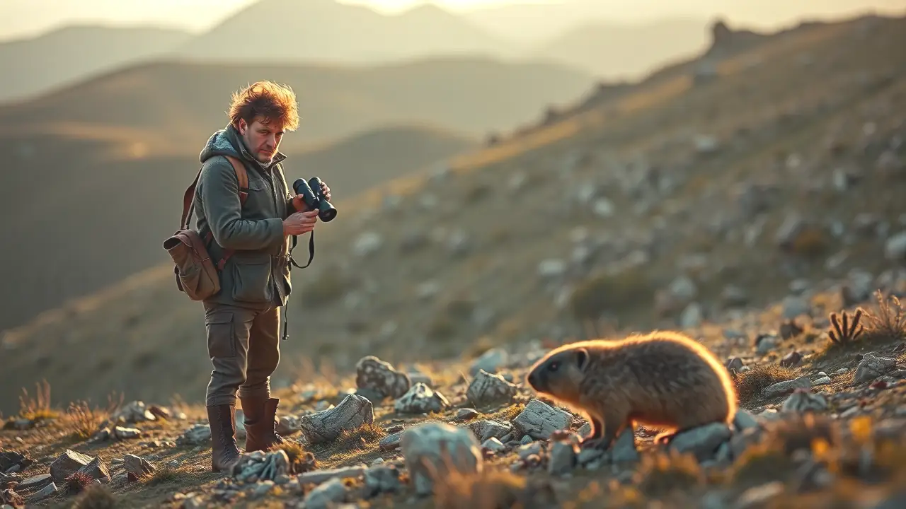 Un hombre observa a una marmota en la montaña