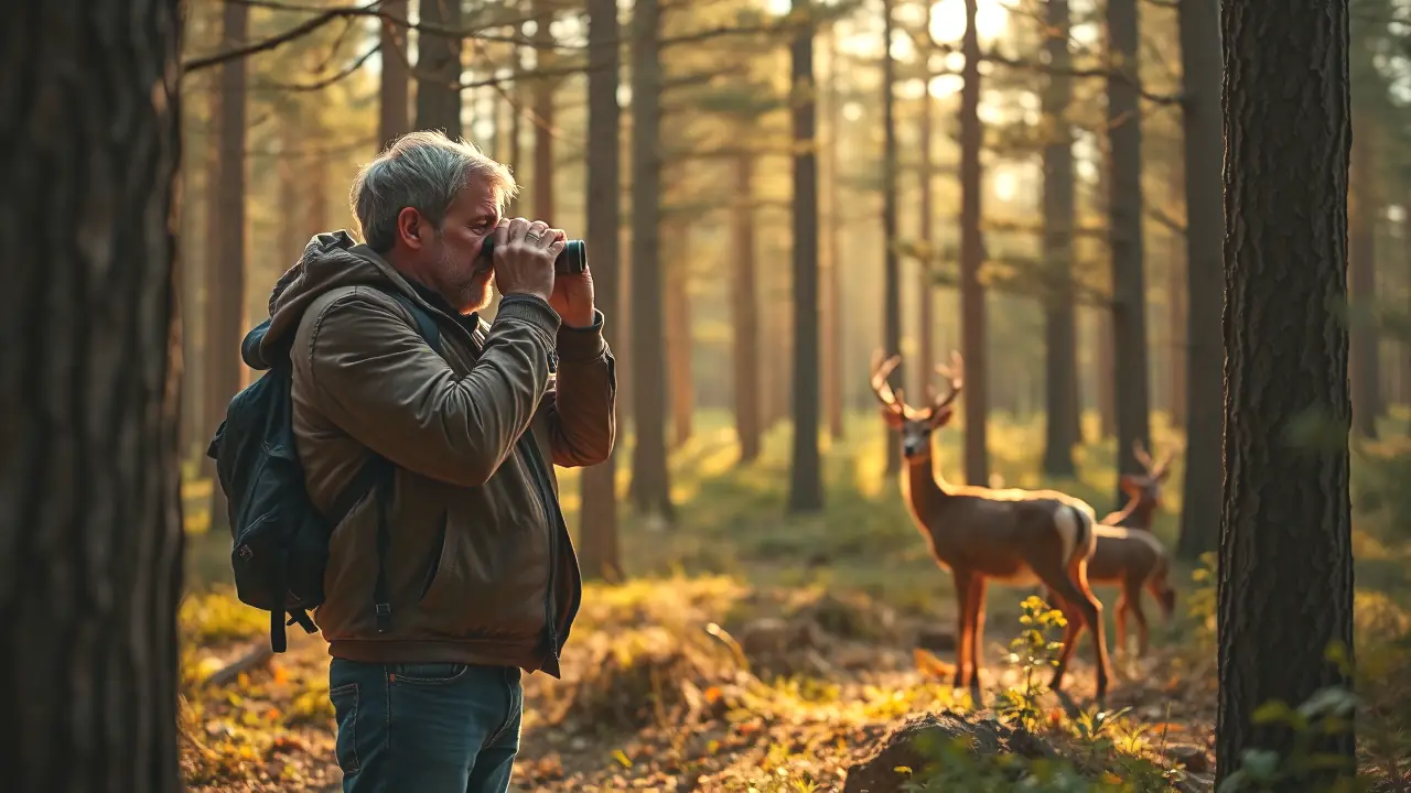 Un hombre observa ciervo en bosque otoñal