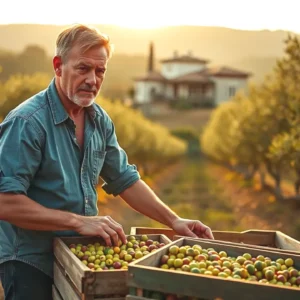 Un hombre español ayuda en la cosecha