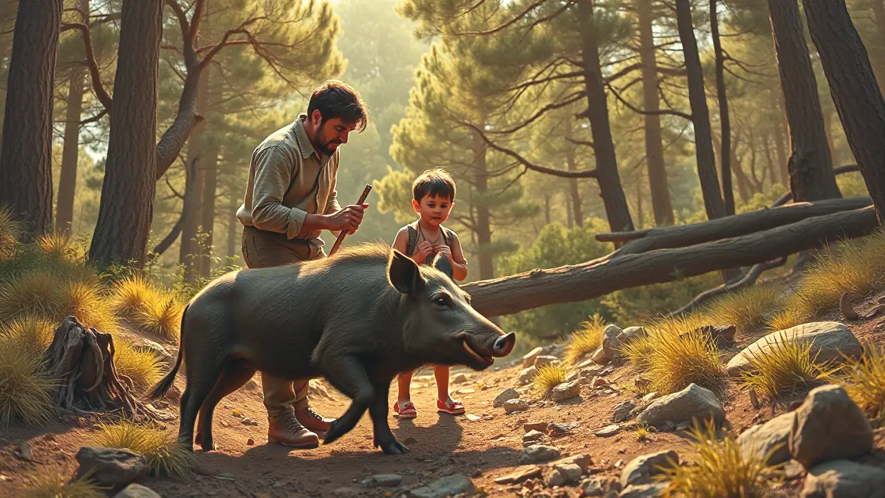 Un hombre español ayuda a un niño en la naturaleza