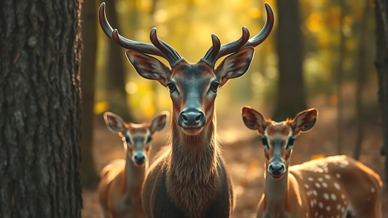 Ciervo y joven ciervo en bosque otoñal