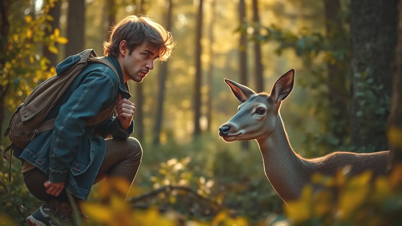 Un hombre observa un ciervo en el bosque